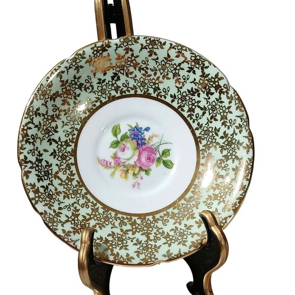 STANLEY ENGLAND QUEEN ANNE TEA CUP TEACUP SAUCER  MINT GREEN ROSE 24K GOLD - Picture 3 of 8
